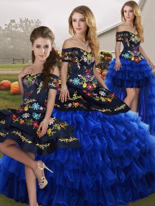 Pretty Blue And Black Off The Shoulder Neckline Embroidery and Ruffled Layers Quinceanera Gown Sleeveless Lace Up