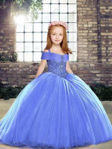 Brush Train Ball Gowns Little Girls Pageant Gowns Blue Straps Tulle Sleeveless Lace Up