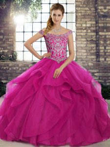 Custom Fit Sleeveless Brush Train Beading and Ruffles Lace Up Quince Ball Gowns