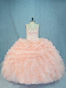 Peach Lace Up Straps Beading Sweet 16 Dresses Organza Sleeveless
