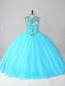 Elegant Aqua Blue Quinceanera Dresses Sweet 16 and Quinceanera with Beading Scoop Sleeveless Lace Up