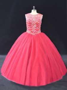 Long Sleeves Floor Length Beading Lace Up Party Dress for Girls with Coral Red