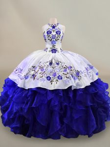Super Blue And White Lace Up Halter Top Embroidery and Ruffles Military Ball Gowns Organza Sleeveless