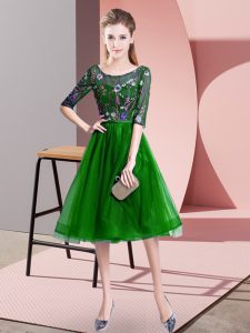 Green Scoop Lace Up Embroidery Damas Dress Half Sleeves