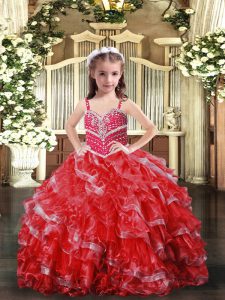 Red Ball Gowns Straps Sleeveless Organza Floor Length Lace Up Beading High School Pageant Dress