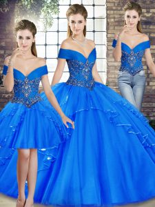 Royal Blue Sleeveless Floor Length Beading and Ruffles Lace Up Quinceanera Dress