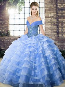 Blue Ball Gowns Beading and Ruffled Layers Ball Gown Prom Dress Lace Up Organza Sleeveless