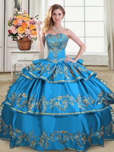 Luxury Blue Sleeveless Embroidery and Ruffled Layers Floor Length Quince Ball Gowns