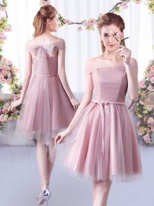 Fabulous Pink Tulle Lace Up Off The Shoulder Sleeveless Knee Length Dama Dress for Quinceanera Belt
