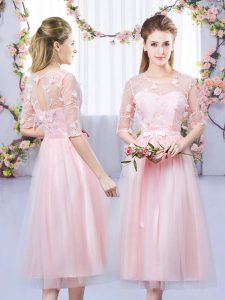 Gorgeous Empire Dama Dress for Quinceanera Baby Pink Scoop Tulle Half Sleeves Tea Length Lace Up