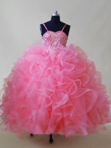 Graceful Floor Length Pink Pageant Gowns For Girls Spaghetti Straps Sleeveless Lace Up