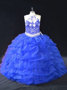 Blue Ball Gowns Beading and Appliques Vestidos de Quinceanera Backless Organza Sleeveless Floor Length