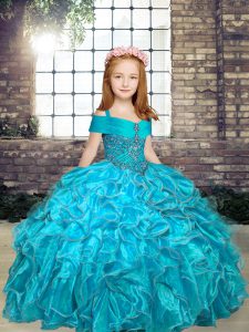 Super Ball Gowns Little Girls Pageant Gowns Aqua Blue Straps Organza Sleeveless Floor Length Lace Up