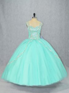 Top Selling Apple Green Lace Up Quinceanera Dresses Beading Cap Sleeves Brush Train