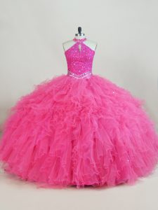 Glorious Halter Top Sleeveless Tulle Quinceanera Gowns Beading and Ruffles Lace Up