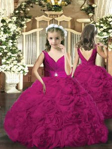 Enchanting Fuchsia Ball Gowns V-neck Sleeveless Fabric With Rolling Flowers Floor Length Backless Beading Kids Pageant Dress