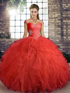 Orange Red Off The Shoulder Lace Up Beading and Ruffles Sweet 16 Quinceanera Dress Sleeveless
