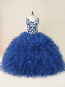 Clearance Floor Length Navy Blue Sweet 16 Dress Tulle Sleeveless Embroidery and Ruffles