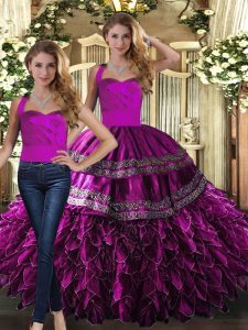 Clearance Fuchsia Lace Up Quinceanera Dress Embroidery and Ruffles Sleeveless Floor Length