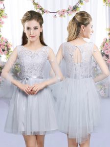 Grey Court Dresses for Sweet 16 Wedding Party with Lace and Belt Scoop Sleeveless Lace Up