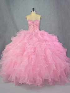 Pink Ball Gowns Sweetheart Sleeveless Organza Floor Length Lace Up Beading and Ruffles Quinceanera Dress