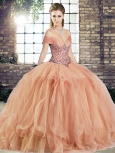 Hot Selling Beading and Ruffles Quinceanera Dresses Peach Lace Up Sleeveless Floor Length