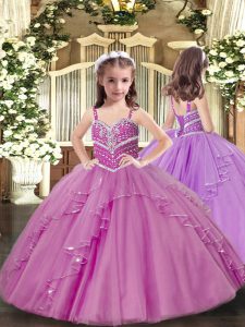 Lilac Lace Up Little Girl Pageant Dress Beading and Ruffles Sleeveless Floor Length
