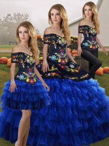 Designer Blue And Black Lace Up Off The Shoulder Embroidery and Ruffled Layers Sweet 16 Dress Organza Sleeveless