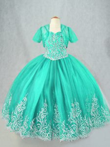 Best Turquoise Ball Gowns Tulle Spaghetti Straps Sleeveless Beading and Embroidery Floor Length Lace Up Pageant Dress for Girls
