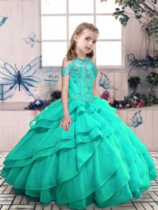Floor Length Lace Up Little Girl Pageant Dress Turquoise for Party and Wedding Party with Beading and Ruffled Layers