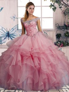 Watermelon Red Sleeveless Floor Length Beading and Ruffles Lace Up 15 Quinceanera Dress