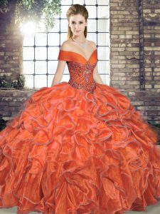 Gorgeous Orange Red Ball Gowns Beading and Ruffles Quinceanera Gowns Lace Up Organza Sleeveless Floor Length