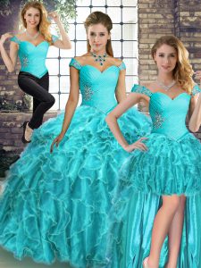 Popular Aqua Blue Organza Lace Up Quinceanera Gowns Sleeveless Brush Train Beading and Ruffles