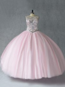 Hot Sale Baby Pink Tulle Lace Up Scoop Sleeveless Floor Length Quinceanera Gown Beading
