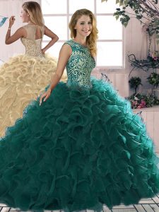 Dynamic Scoop Sleeveless Quinceanera Gown Floor Length Beading and Ruffles Peacock Green Organza