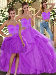 Sweetheart Sleeveless Quinceanera Dresses Floor Length Beading and Ruffles Lilac Tulle