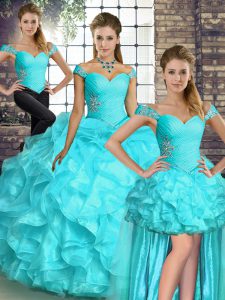 Sleeveless Organza Floor Length Lace Up Sweet 16 Quinceanera Dress in Aqua Blue with Beading and Ruffles