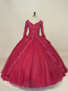 Fantastic V-neck Long Sleeves Sweet 16 Dress Floor Length Lace and Appliques Red Tulle