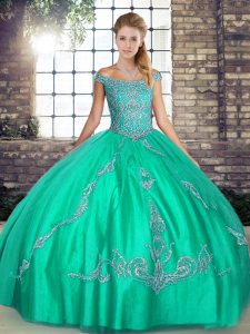 Off The Shoulder Sleeveless Party Dresses Floor Length Beading and Embroidery Turquoise Tulle