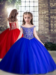 Tulle Sleeveless Floor Length Little Girls Pageant Dress Wholesale and Beading