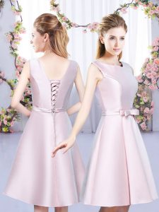 Mini Length Lace Up Damas Dress Baby Pink for Wedding Party with Bowknot