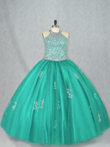 Flare Turquoise Ball Gowns Tulle Halter Top Sleeveless Beading and Appliques Floor Length Lace Up 15th Birthday Dress