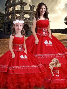 Ball Gowns 15th Birthday Dress Red Strapless Satin Sleeveless Floor Length Lace Up