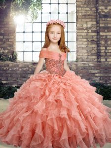 Super Peach Ball Gowns Organza Straps Sleeveless Beading and Ruffles Floor Length Lace Up Little Girls Pageant Gowns
