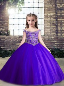 Floor Length Purple Pageant Dress for Womens Tulle Sleeveless Beading