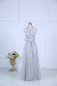 Eye-catching Grey Sleeveless Floor Length Ruching Zipper Dama Dress