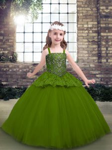 Sweet Olive Green Sleeveless Tulle Lace Up Little Girl Pageant Gowns for Party and Military Ball