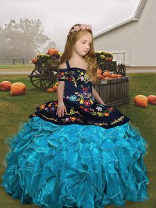 Straps Sleeveless Lace Up Little Girls Pageant Gowns Aqua Blue Organza
