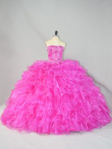 Beauteous Lace Up Vestidos de Quinceanera Hot Pink for Sweet 16 and Quinceanera with Beading and Ruffles Court Train