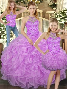 Traditional Lilac Sleeveless Floor Length Beading and Ruffles Lace Up Quinceanera Dress